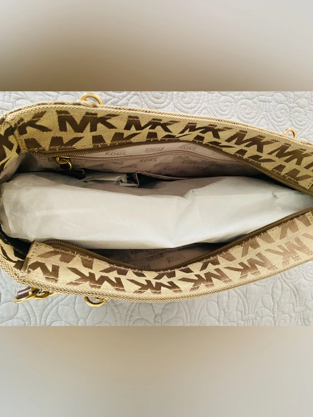 Michael Kors Tan and Brown Signature MK Tote with Gold Chain Straps